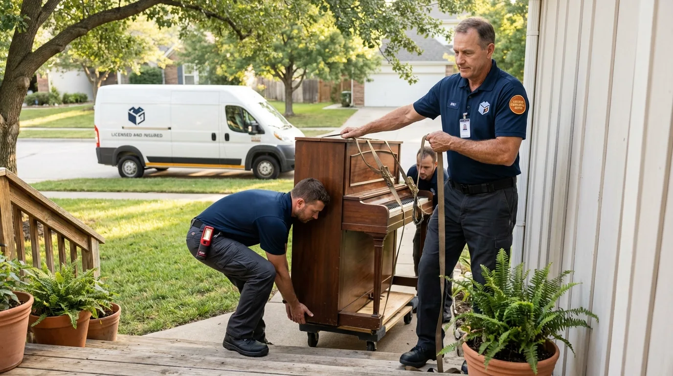 Licensed piano movers securing grand piano in East Earl, PA