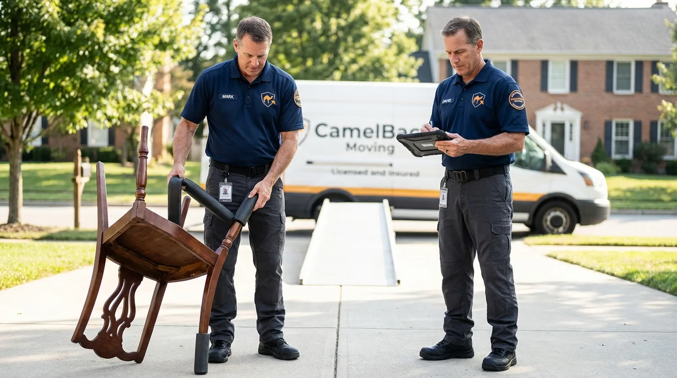 Movers inspecting furniture for damage prevention before loading in East Earl, PA