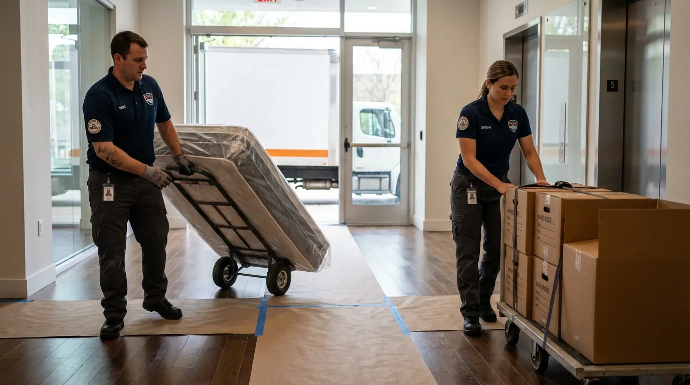 Professional apartment movers loading elevator in East Earl, PA