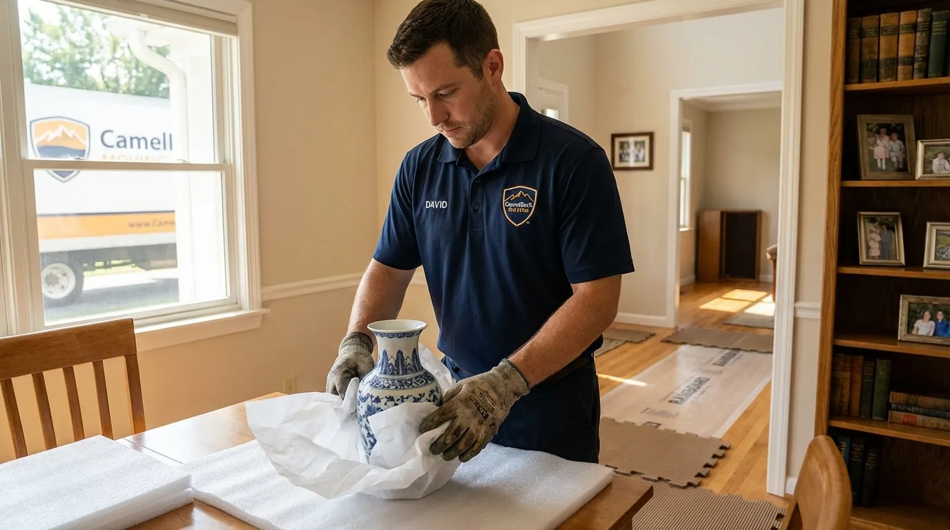 Professional crew carefully wrapping antique vase for senior downsizing move in East Earl, PA